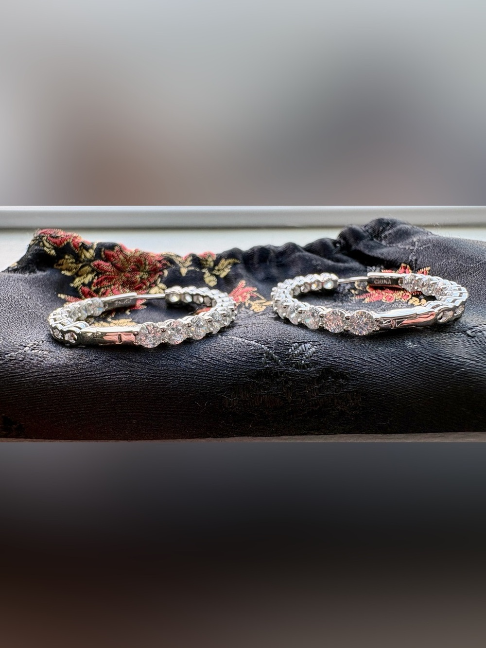 Silver Tone CZ Hoop Earrings | Sparkling Round Stone Latch Back Hoops - Picture 4 of 12